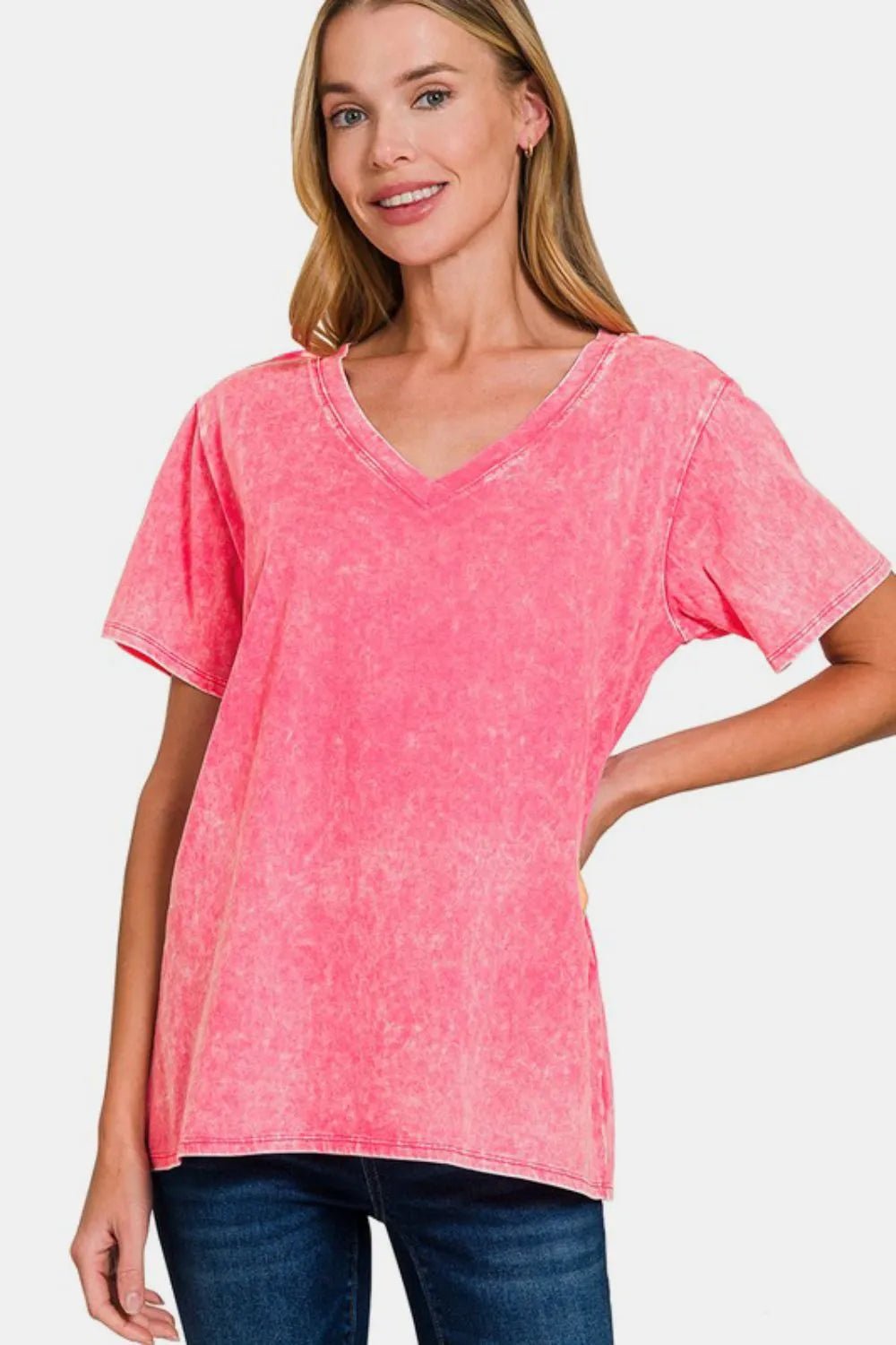Zenana Full Size Washed Short Sleeve V - Neck T-Shirt - PBNJ FASHIONS