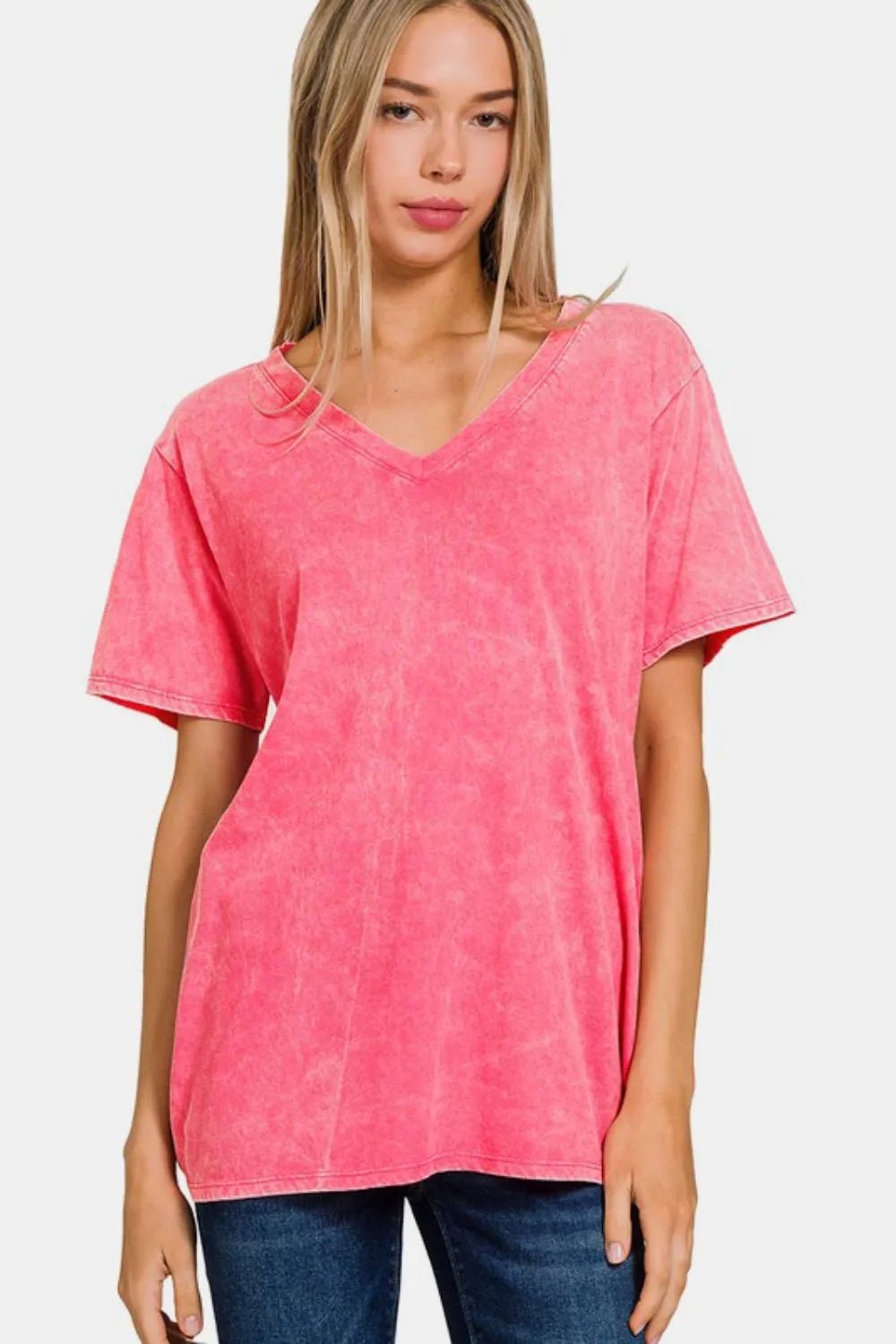 Zenana Full Size Washed Short Sleeve V - Neck T-Shirt - PBNJ FASHIONS