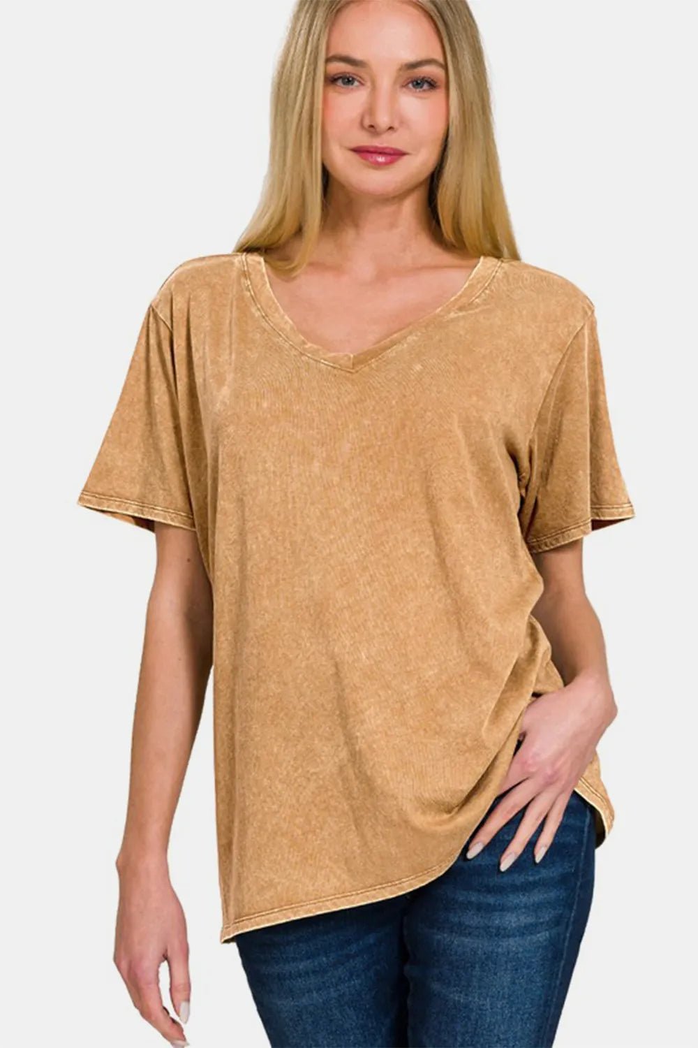 Zenana Full Size Washed Short Sleeve V - Neck T-Shirt - PBNJ FASHIONS