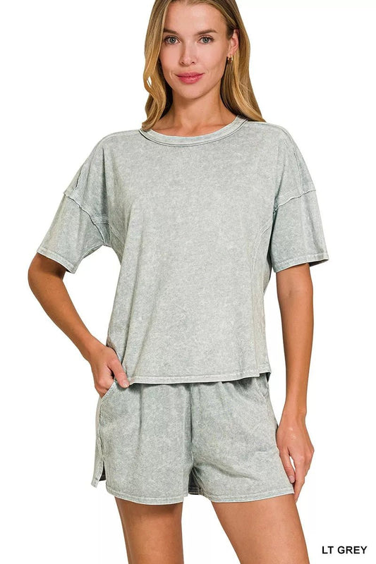 Zenana Halo Snow Washed Short Sleeve Tee and Shorts Set - PBNJ FASHIONS