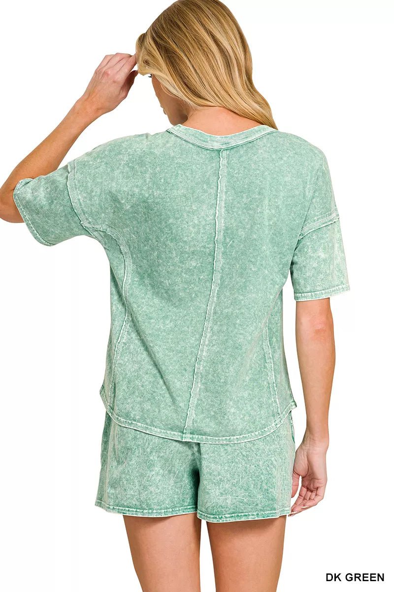 Zenana Halo Snow Washed Short Sleeve Tee and Shorts Set - PBNJ FASHIONS