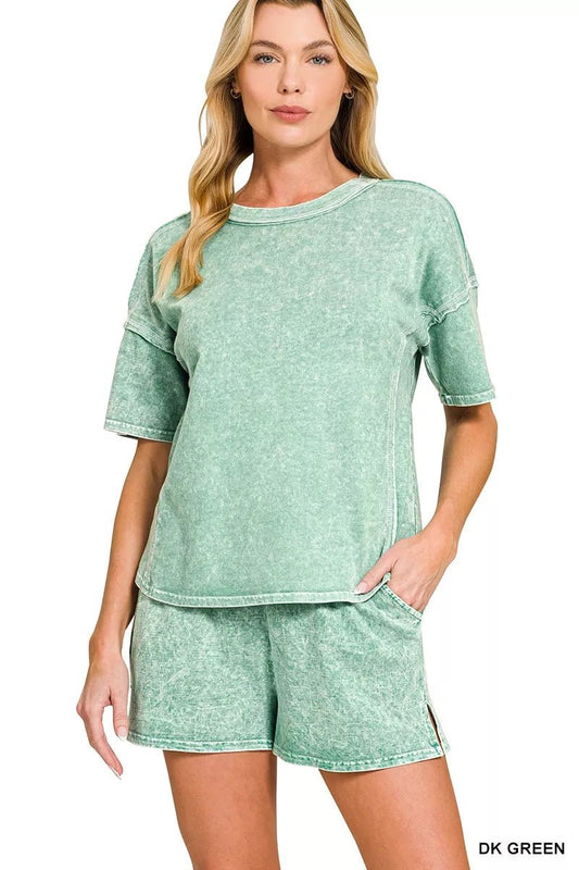 Zenana Halo Snow Washed Short Sleeve Tee and Shorts Set - PBNJ FASHIONS