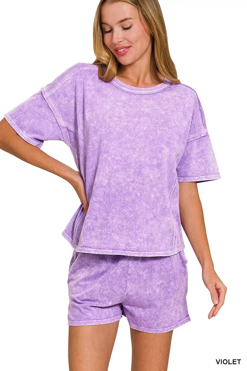 Zenana Halo Snow Washed Short Sleeve Tee and Shorts Set - PBNJ FASHIONS