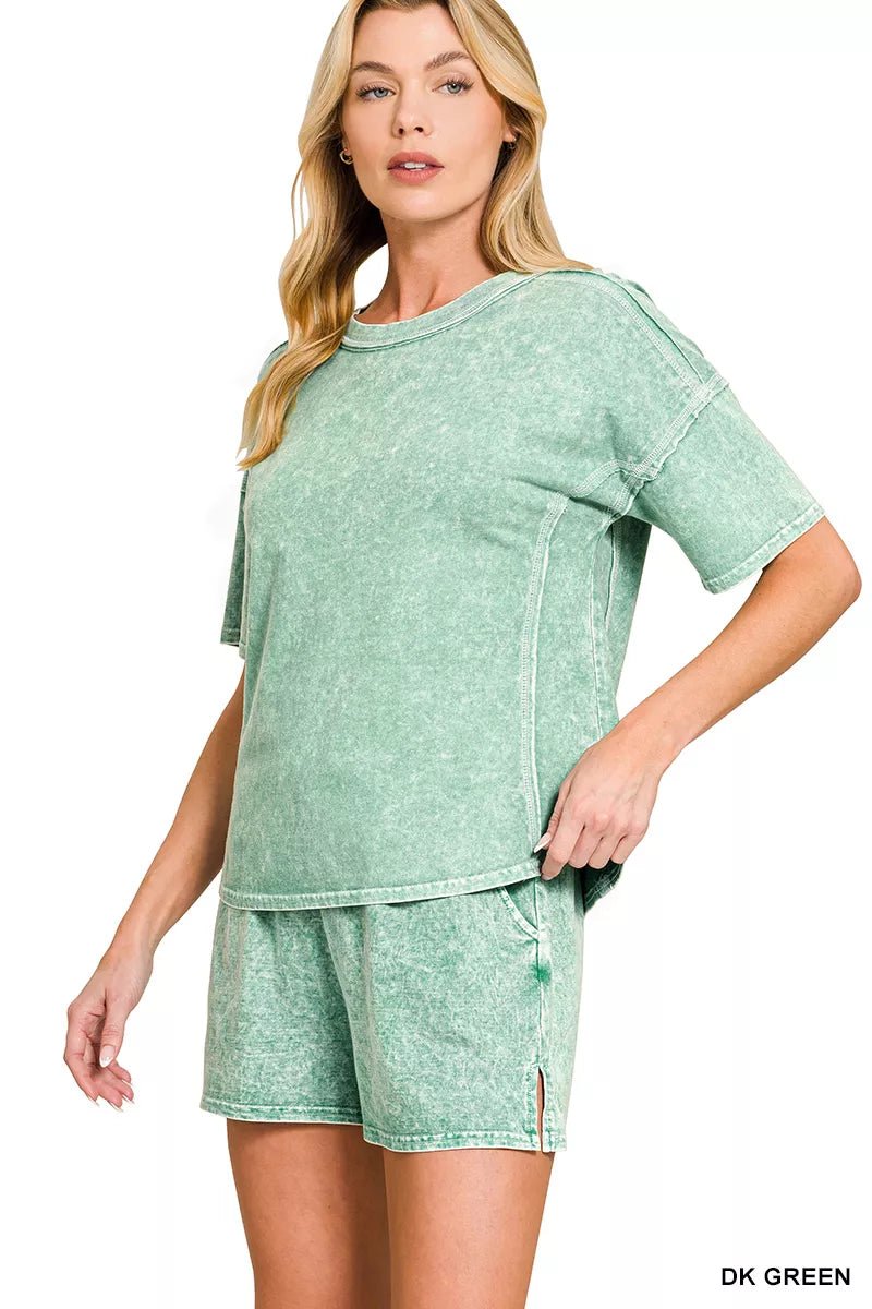 Zenana Halo Snow Washed Short Sleeve Tee and Shorts Set - PBNJ FASHIONS