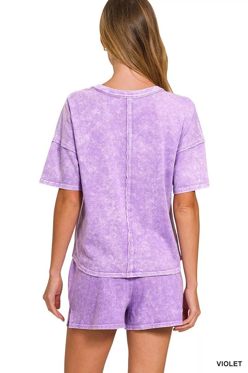 Zenana Halo Snow Washed Short Sleeve Tee and Shorts Set - PBNJ FASHIONS