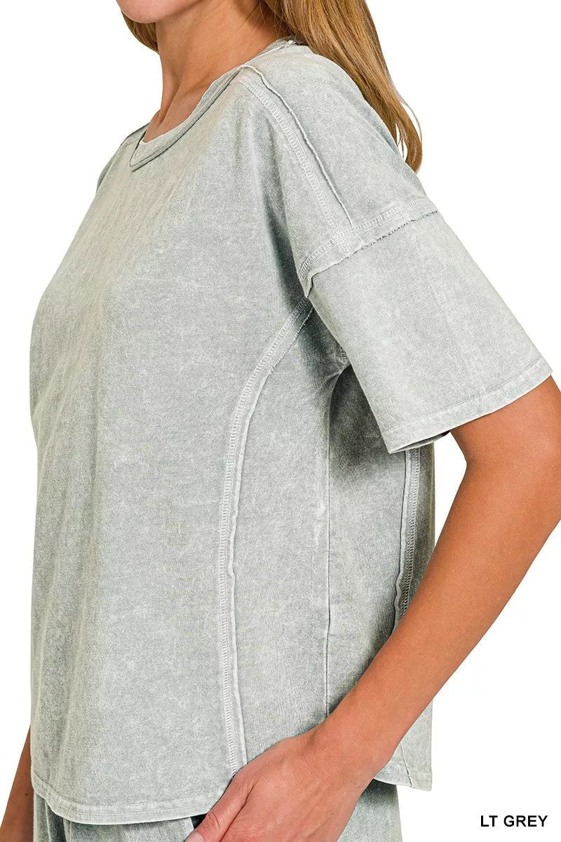 Zenana Halo Snow Washed Short Sleeve Tee and Shorts Set - PBNJ FASHIONS