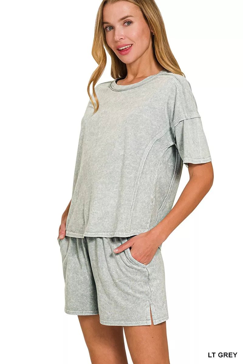 Zenana Halo Snow Washed Short Sleeve Tee and Shorts Set - PBNJ FASHIONS