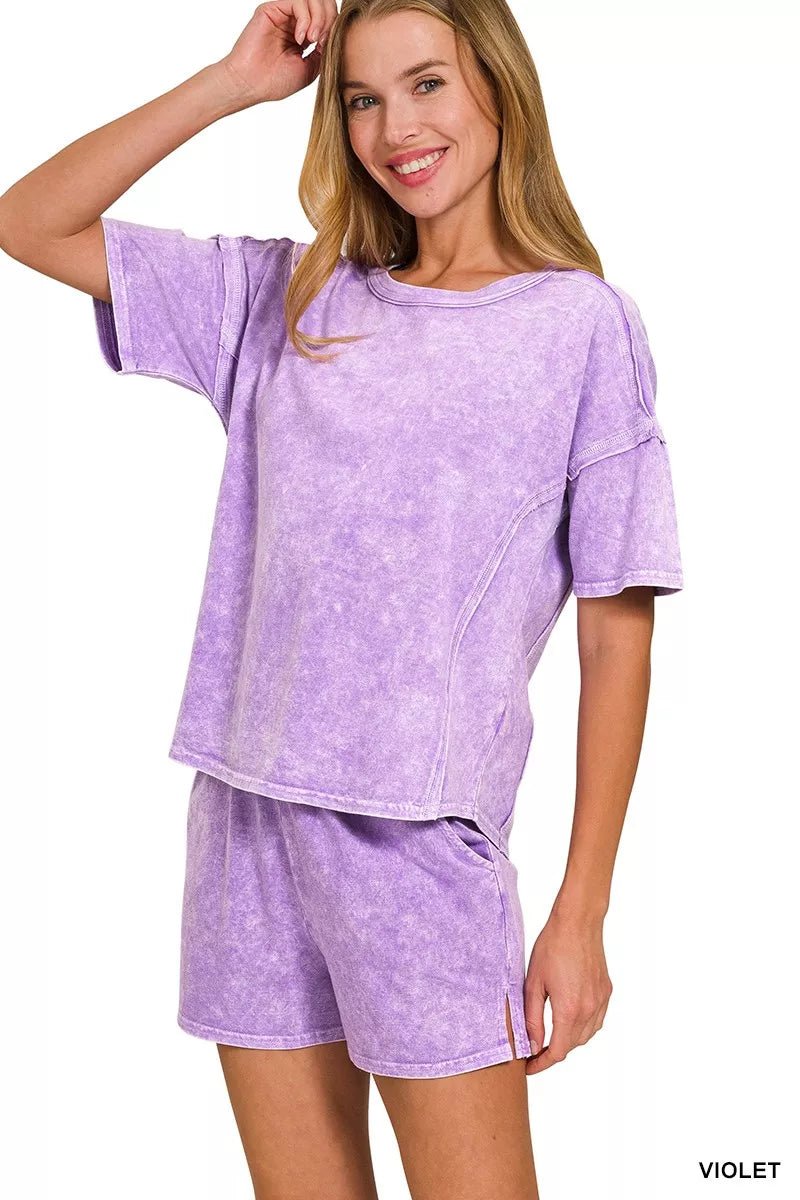 Zenana Halo Snow Washed Short Sleeve Tee and Shorts Set - PBNJ FASHIONS