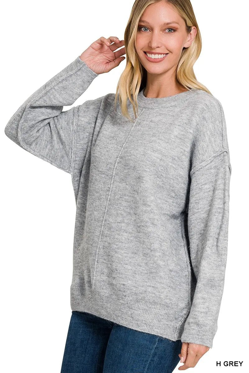 Zenana Melange Front Seam Round - Neck Sweater - PBNJ FASHIONS