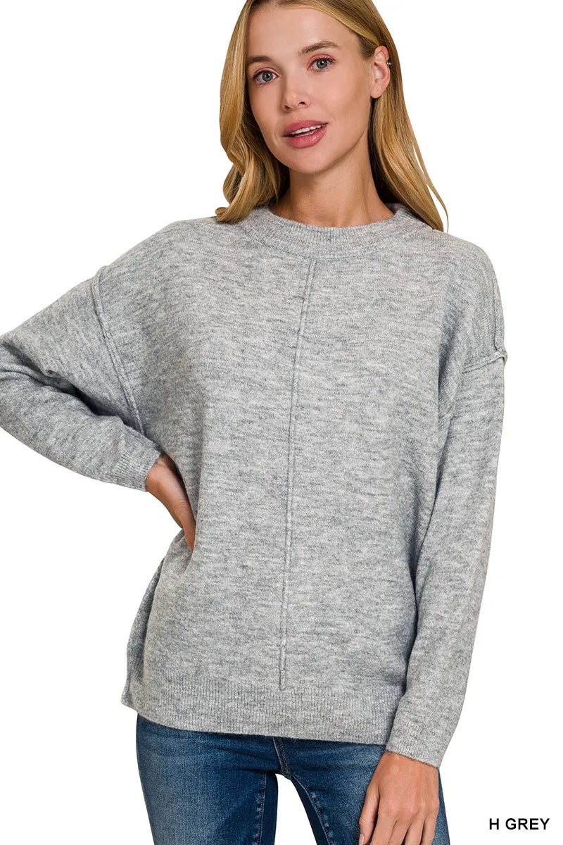 Zenana Melange Front Seam Round - Neck Sweater - PBNJ FASHIONS