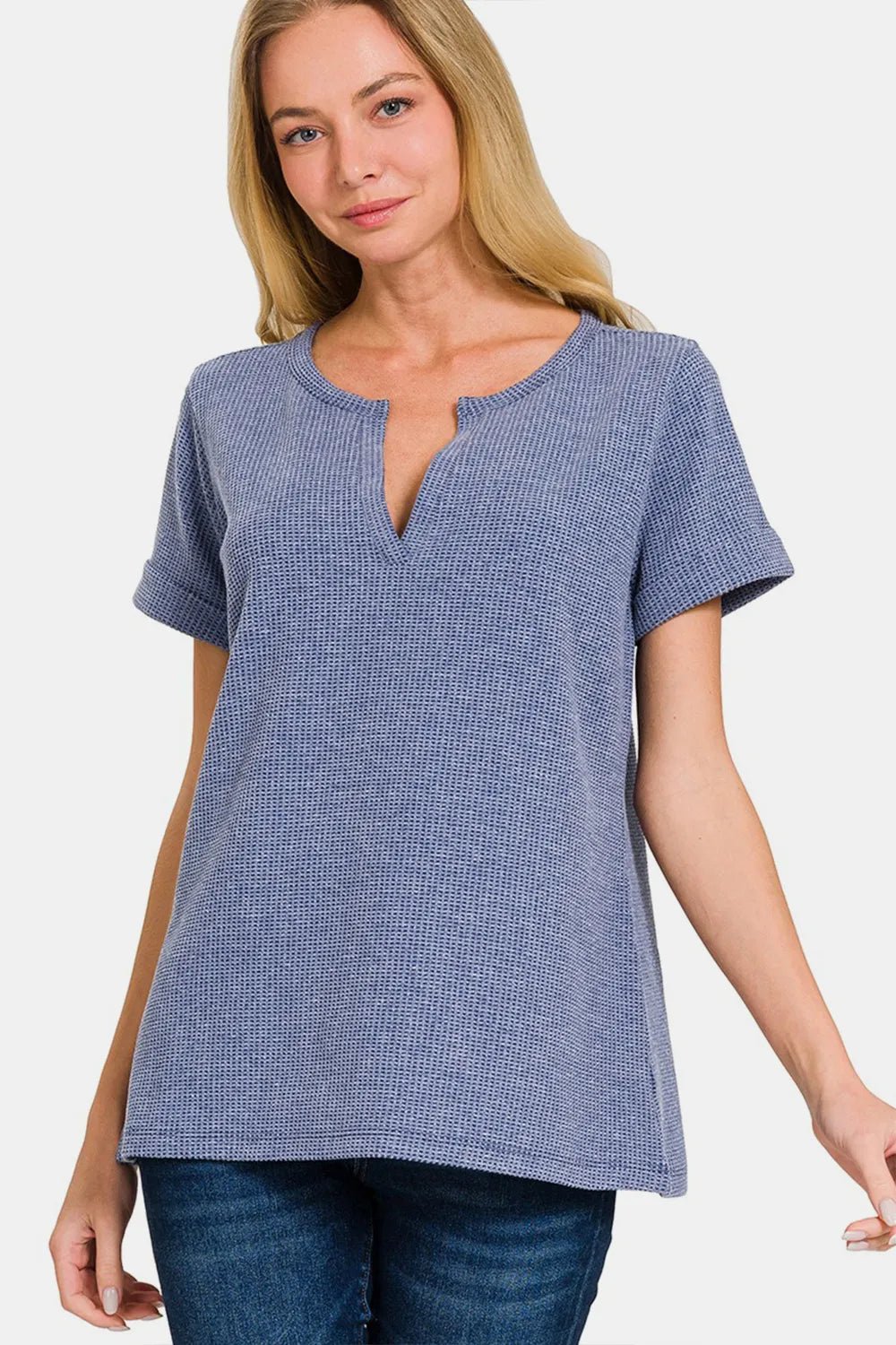Zenana Notched Short Sleeve Waffle T-Shirt - PBNJ FASHIONS