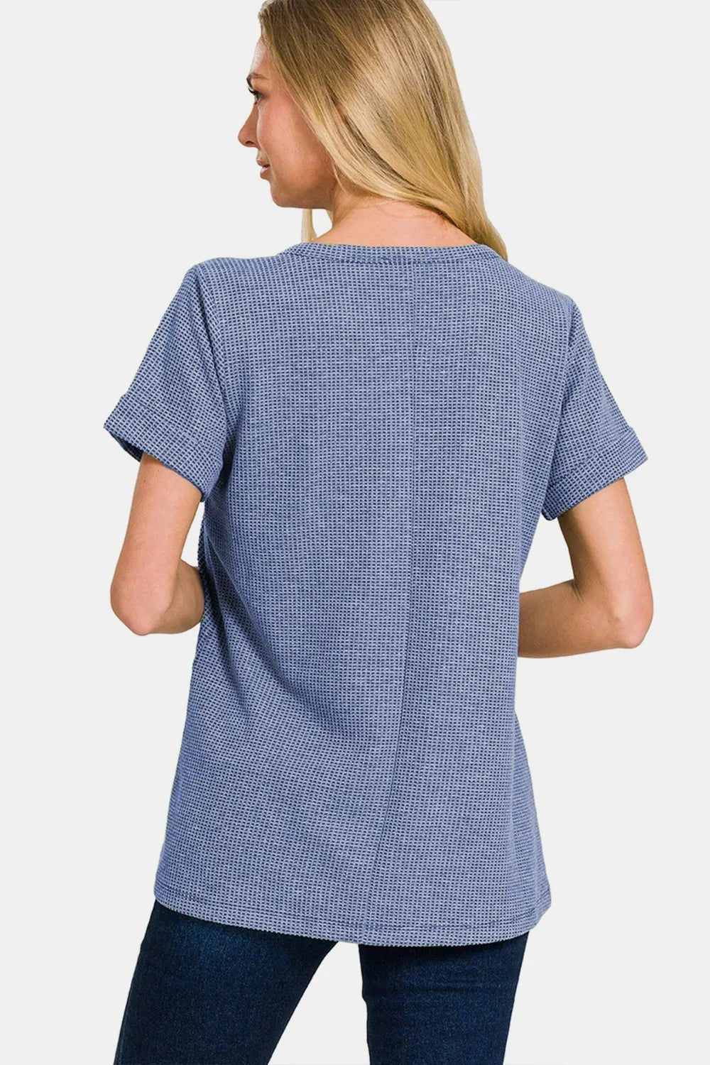Zenana Notched Short Sleeve Waffle T-Shirt - PBNJ FASHIONS