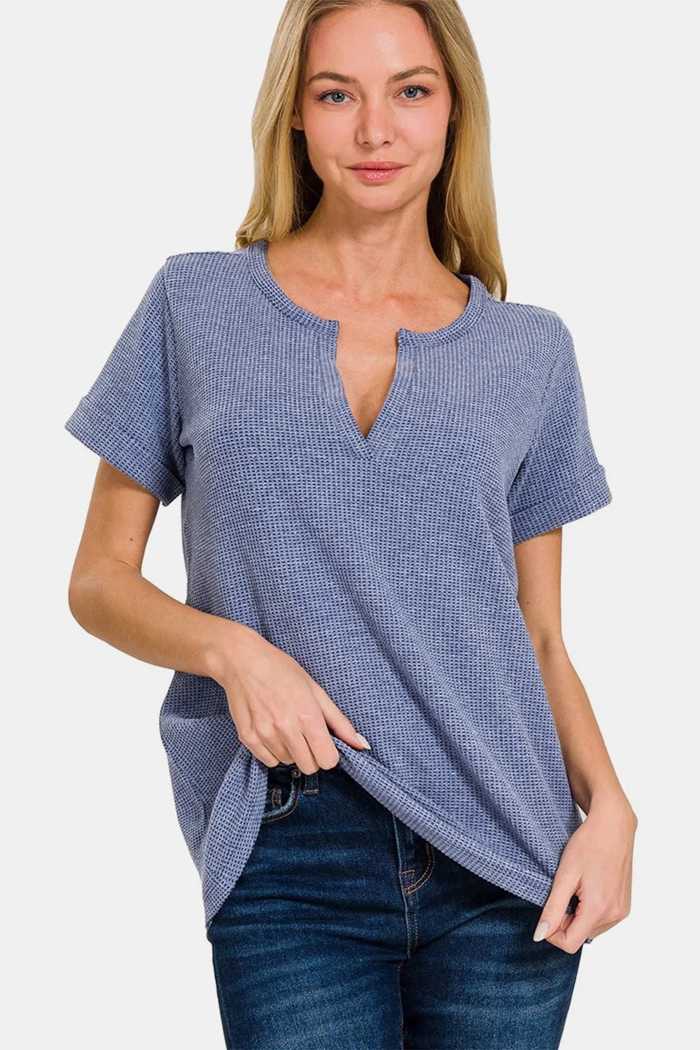 Zenana Notched Short Sleeve Waffle T-Shirt - PBNJ FASHIONS