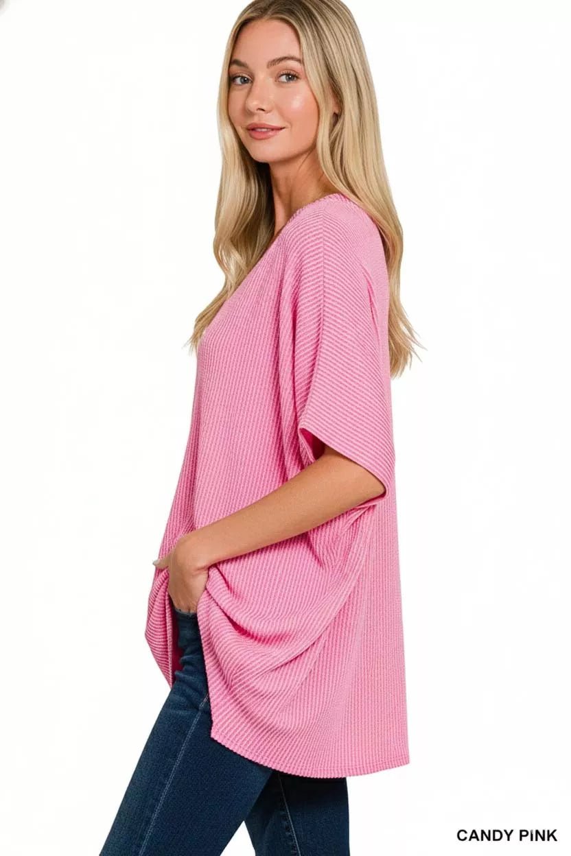 Zenana Raised Rib V - Neck Batwing Top - PBNJ FASHIONS
