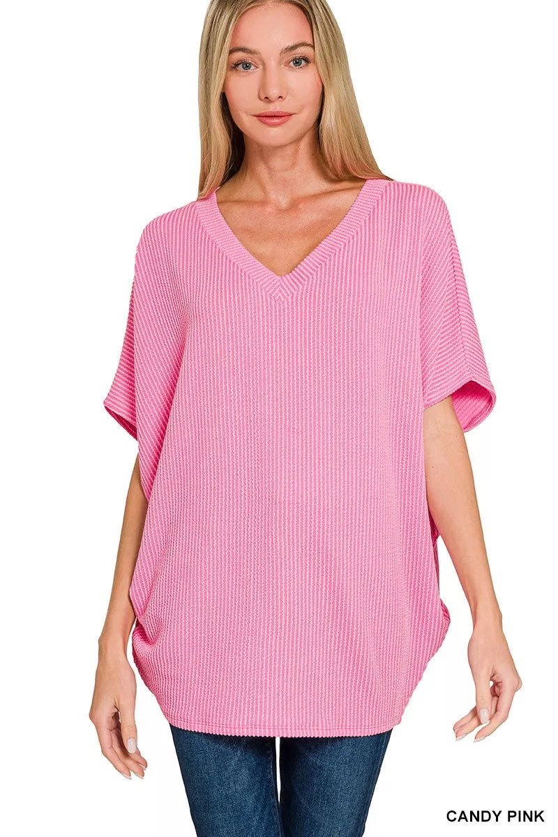 Zenana Raised Rib V - Neck Batwing Top - PBNJ FASHIONS