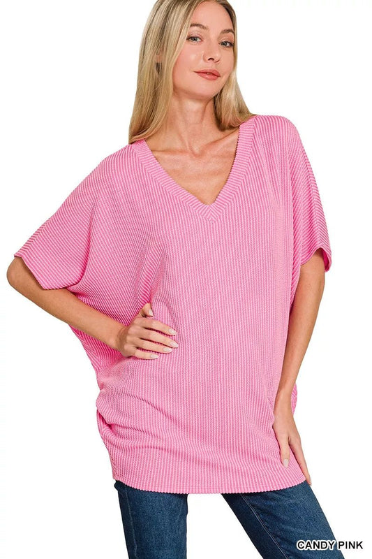 Zenana Raised Rib V - Neck Batwing Top - PBNJ FASHIONS