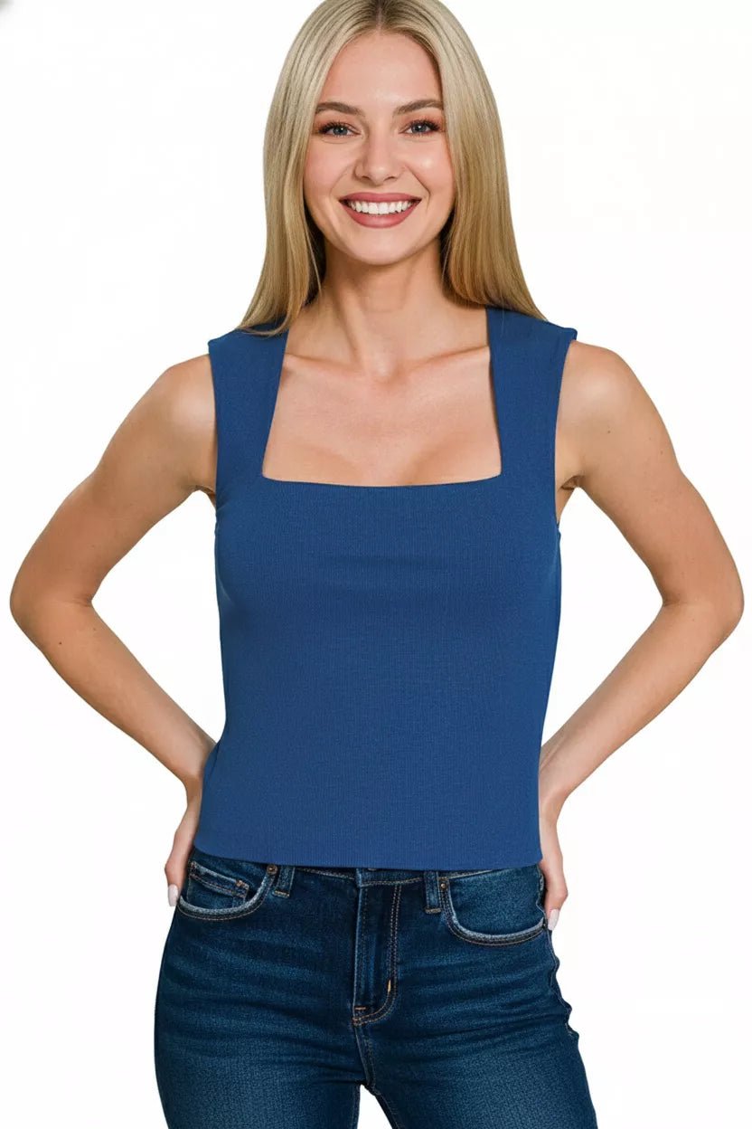 Zenana Ribbed Seamless Double Layered Square Neck Tank - PBNJ FASHIONS