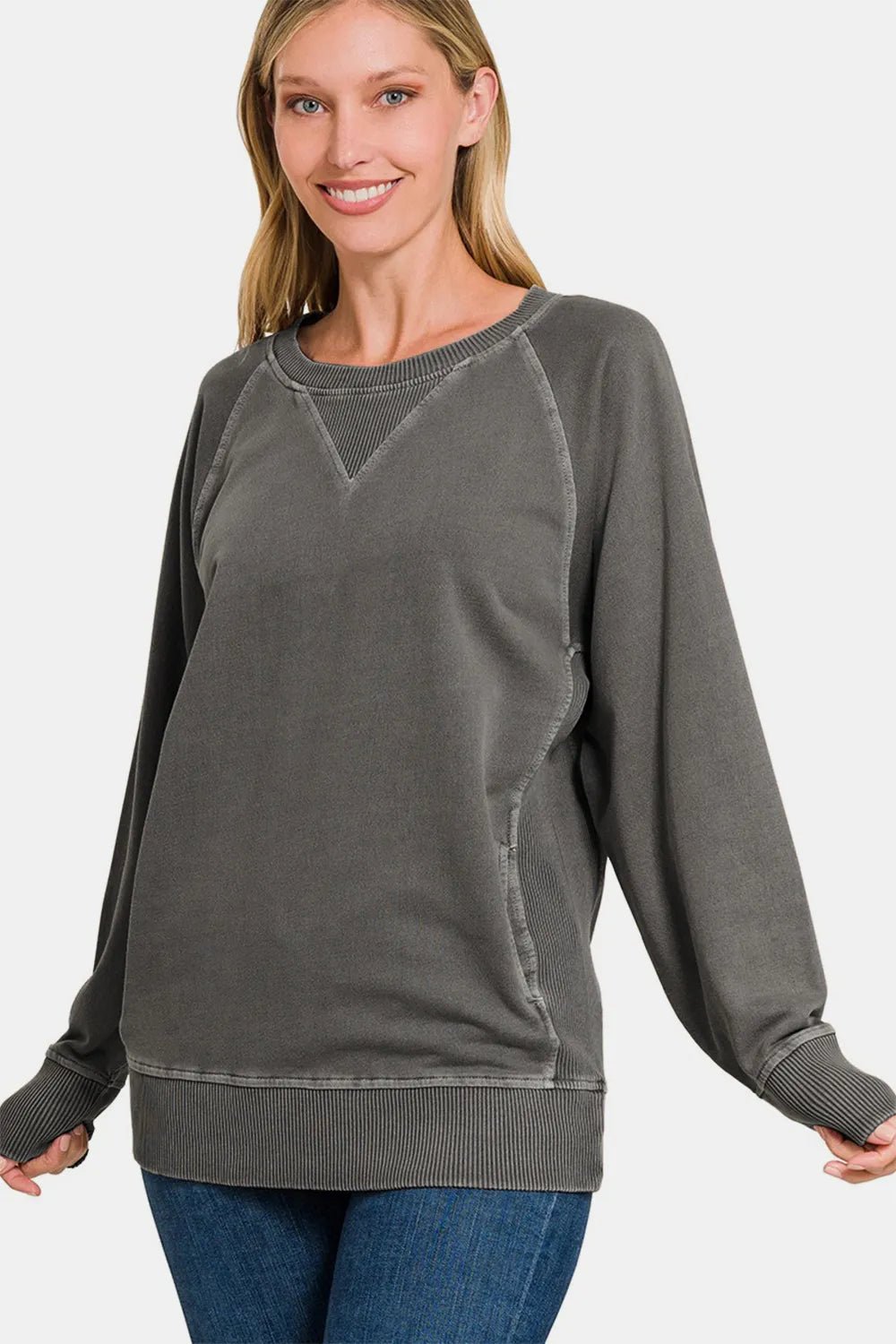 Zenana Round Neck Long Sleeve Sweatshirt - PBNJ FASHIONS