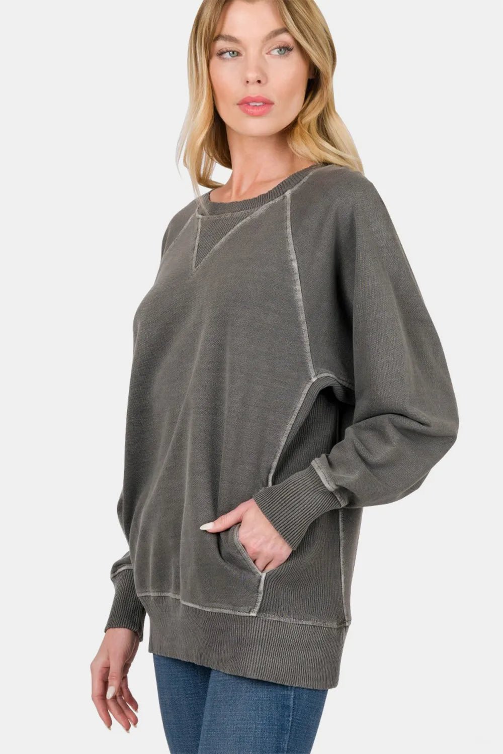 Zenana Round Neck Long Sleeve Sweatshirt - PBNJ FASHIONS