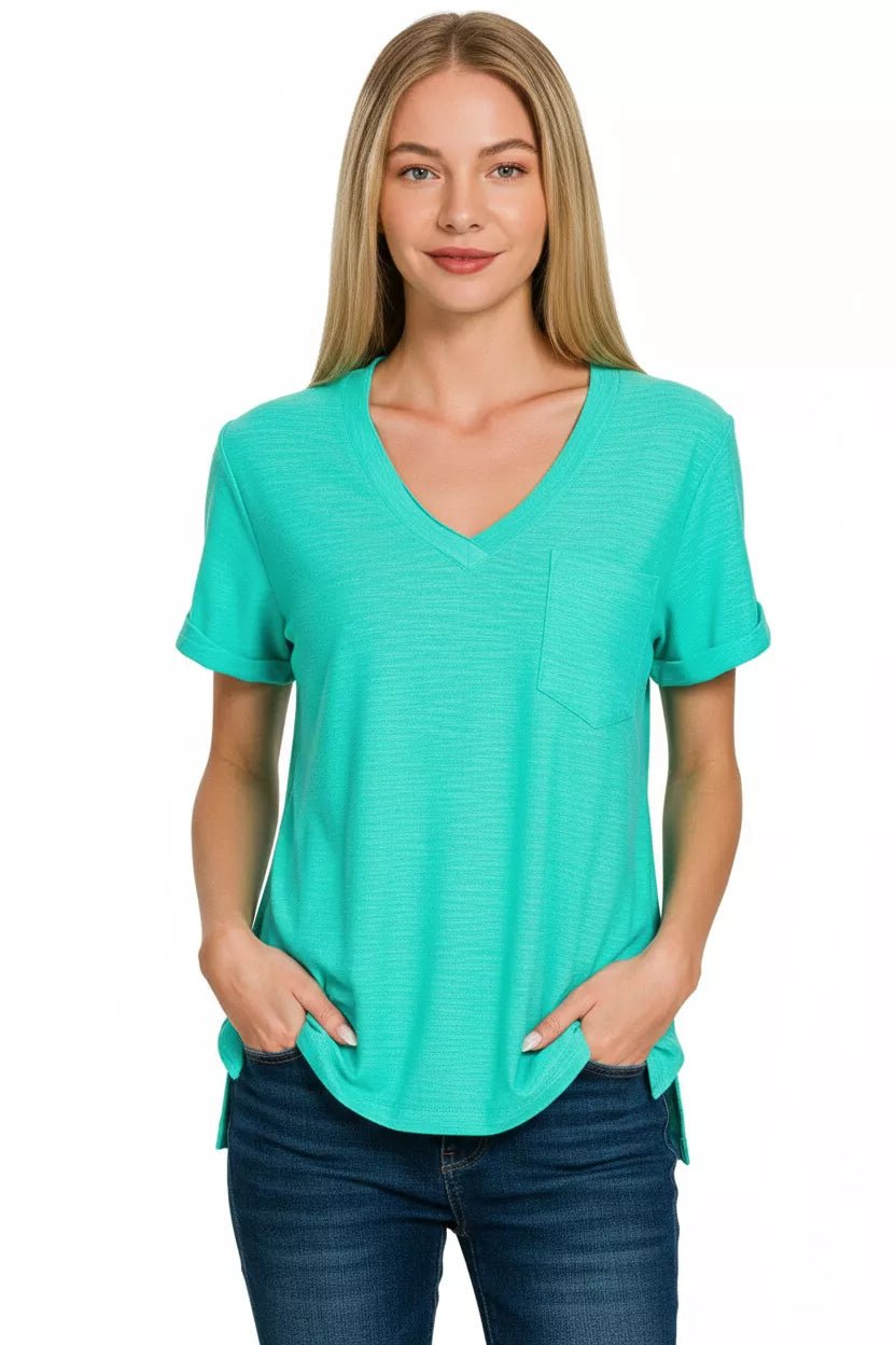 Zenana Slub Rolled Short Sleeve V - Neck Tee - PBNJ FASHIONS