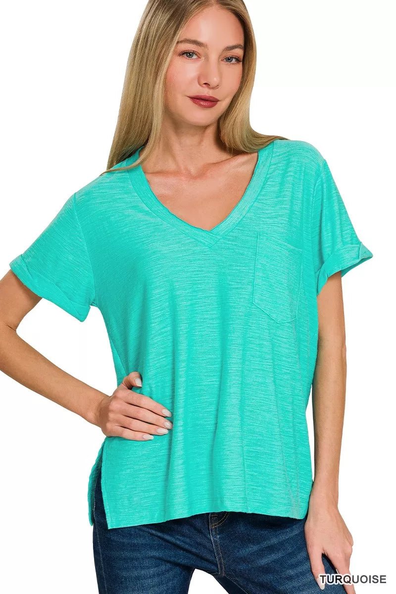 Zenana Slub Rolled Short Sleeve V - Neck Tee - PBNJ FASHIONS