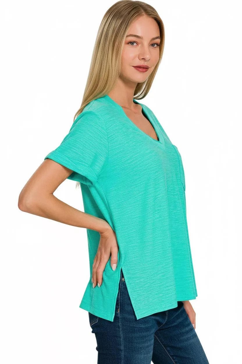 Zenana Slub Rolled Short Sleeve V - Neck Tee - PBNJ FASHIONS