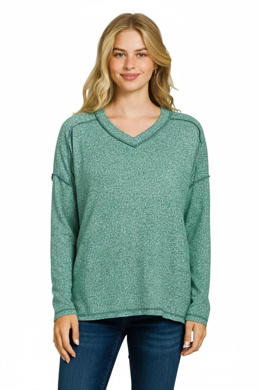 Zenana Soft Melange Hacci Exposed Seam Hi - low Tee - PBNJ FASHIONS