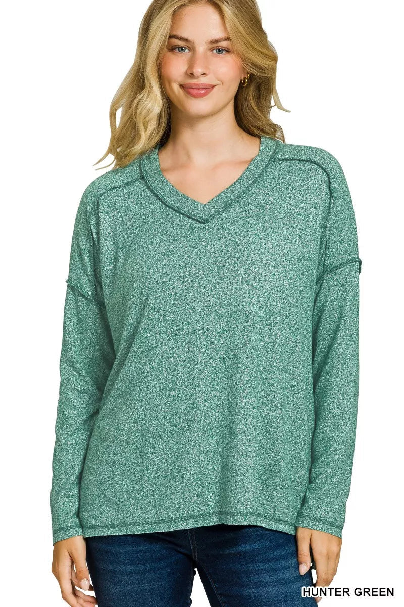 Zenana Soft Melange Hacci Exposed Seam Hi - low Tee - PBNJ FASHIONS