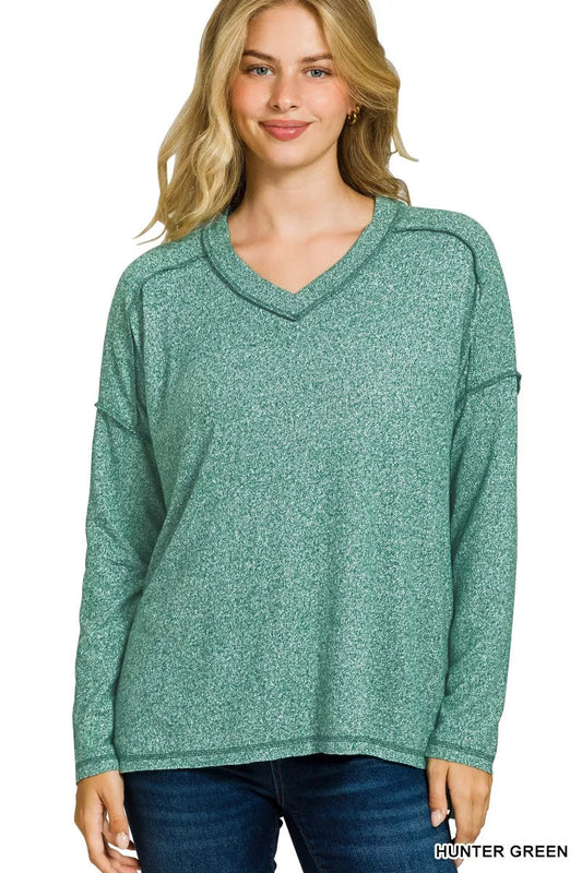 Zenana Soft Melange Hacci Exposed Seam Hi - low Tee - PBNJ FASHIONS