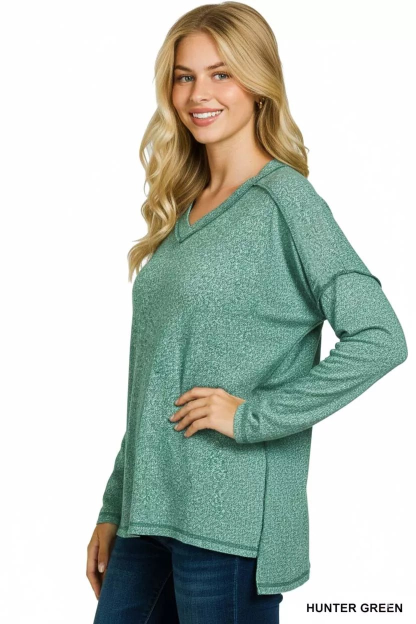 Zenana Soft Melange Hacci Exposed Seam Hi - low Tee - PBNJ FASHIONS