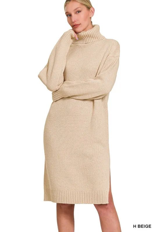 Zenana Turtle Neck Long Sleeve Midi Sweater Dress - PBNJ FASHIONS