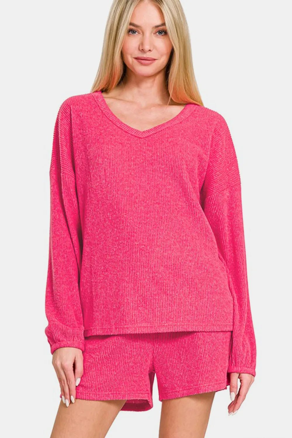 Zenana V - Neck Long Sleeve Ribbed Top and Shorts Set - PBNJ FASHIONS