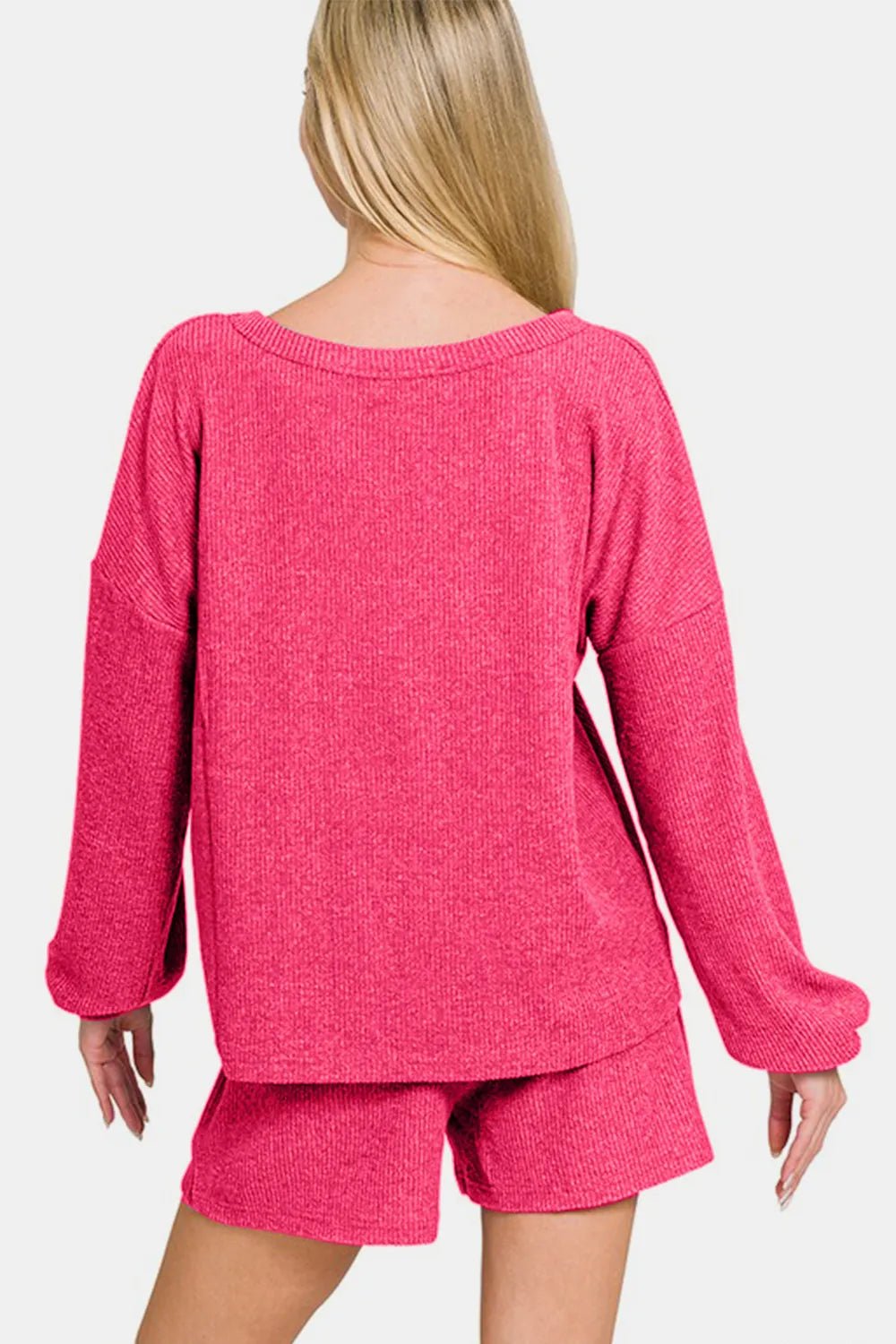Zenana V - Neck Long Sleeve Ribbed Top and Shorts Set - PBNJ FASHIONS