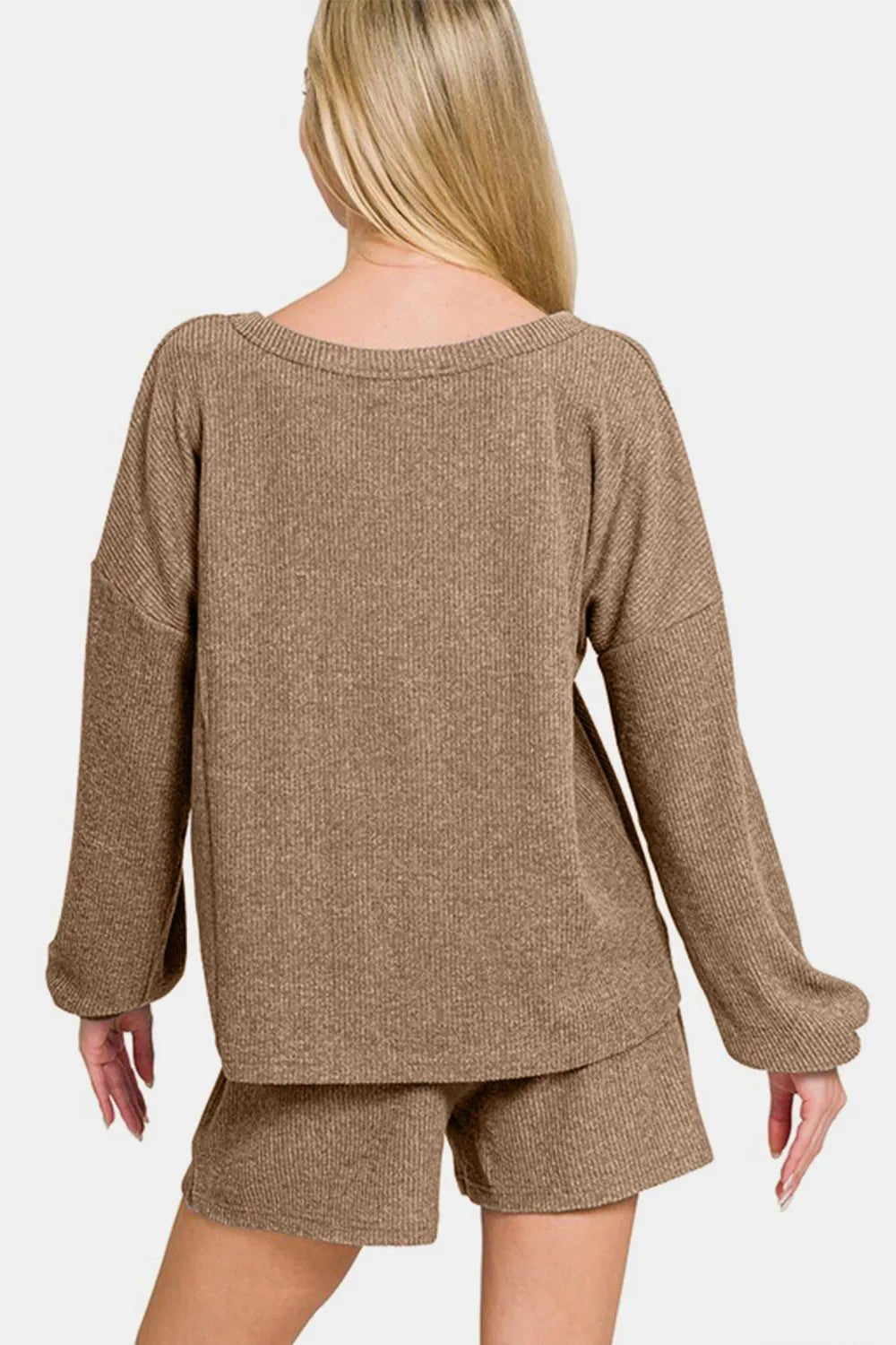 Zenana V - Neck Long Sleeve Ribbed Top and Shorts Set - PBNJ FASHIONS