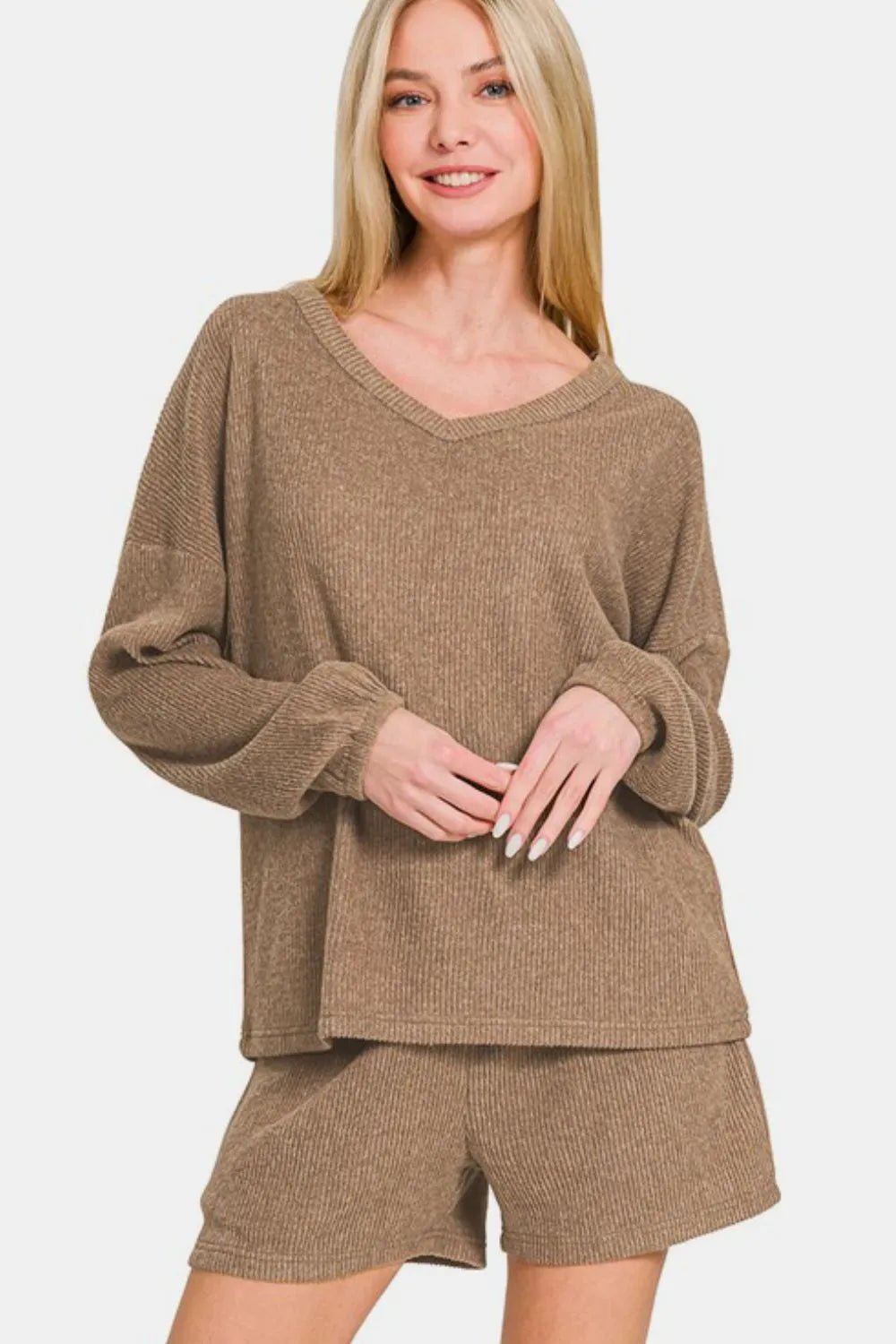 Zenana V - Neck Long Sleeve Ribbed Top and Shorts Set - PBNJ FASHIONS