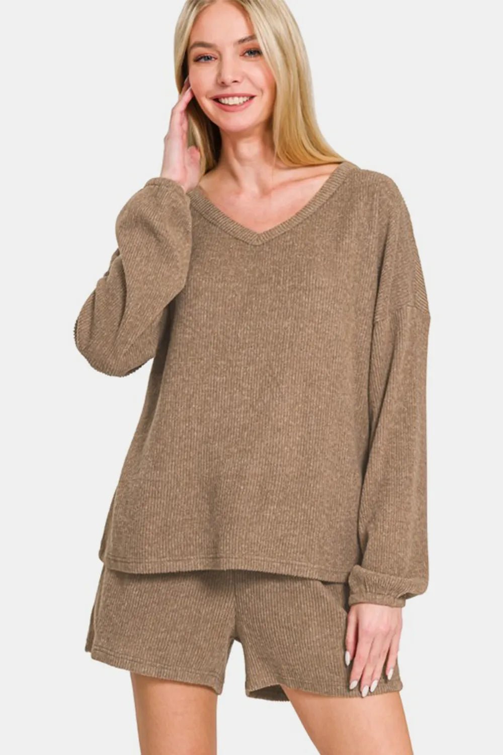Zenana V - Neck Long Sleeve Ribbed Top and Shorts Set - PBNJ FASHIONS