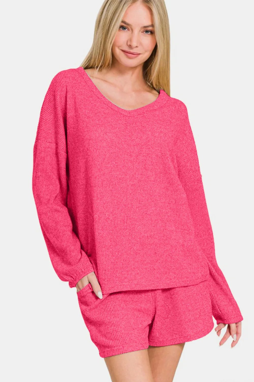 Zenana V - Neck Long Sleeve Ribbed Top and Shorts Set - PBNJ FASHIONS