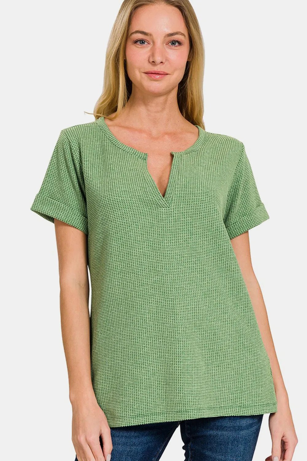 Zenana Waffle Notched Short Sleeve T-Shirt - PBNJ FASHIONS