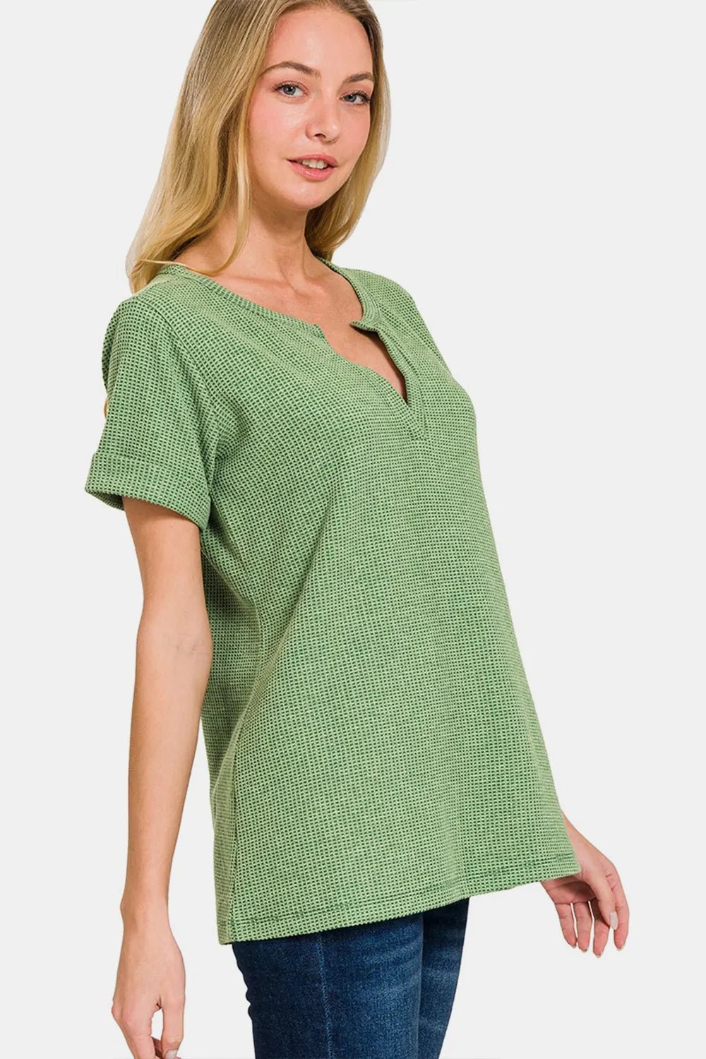 Zenana Waffle Notched Short Sleeve T-Shirt - PBNJ FASHIONS