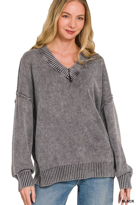 Zenana Washed Deep V-neck Oversized Sweater - PBNJ FASHIONS