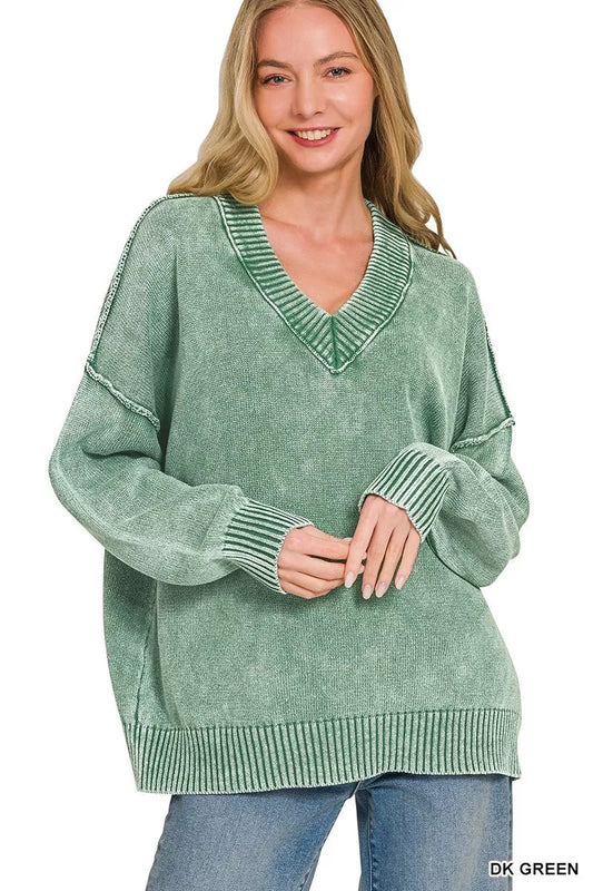 Zenana Washed Deep V-neck Oversized Sweater - PBNJ FASHIONS