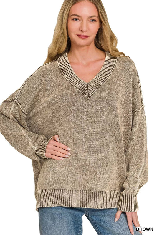 Zenana Washed Deep V-neck Oversized Sweater - PBNJ FASHIONS