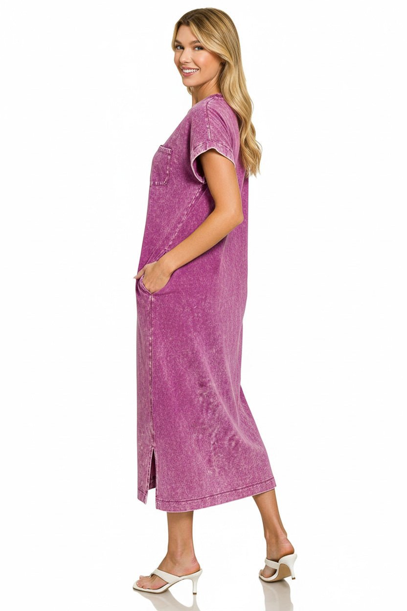 Zenana Washed Exposed Seam Short Sleeve T-Shirt Dress - PBNJ FASHIONS