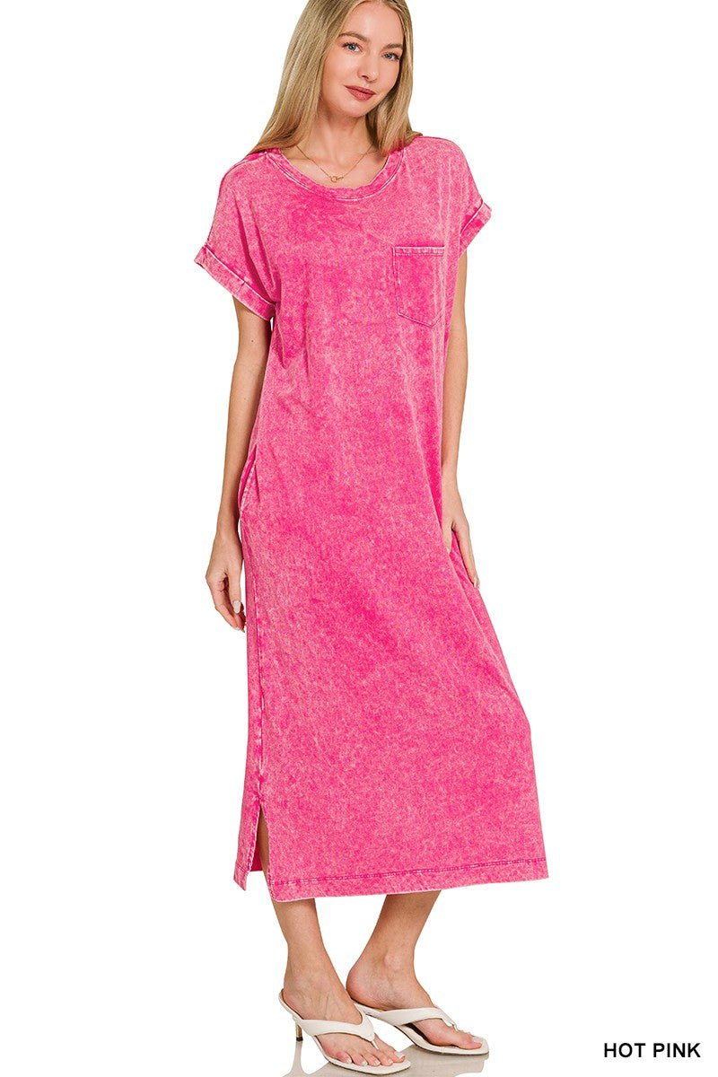 Zenana Washed Exposed Seam Short Sleeve T-Shirt Dress - PBNJ FASHIONS