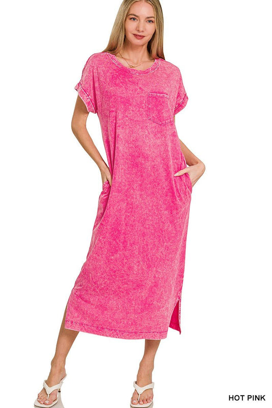 Zenana Washed Exposed Seam Short Sleeve T-Shirt Dress - PBNJ FASHIONS