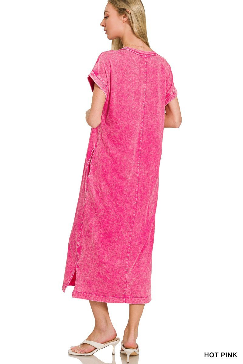 Zenana Washed Exposed Seam Short Sleeve T-Shirt Dress - PBNJ FASHIONS
