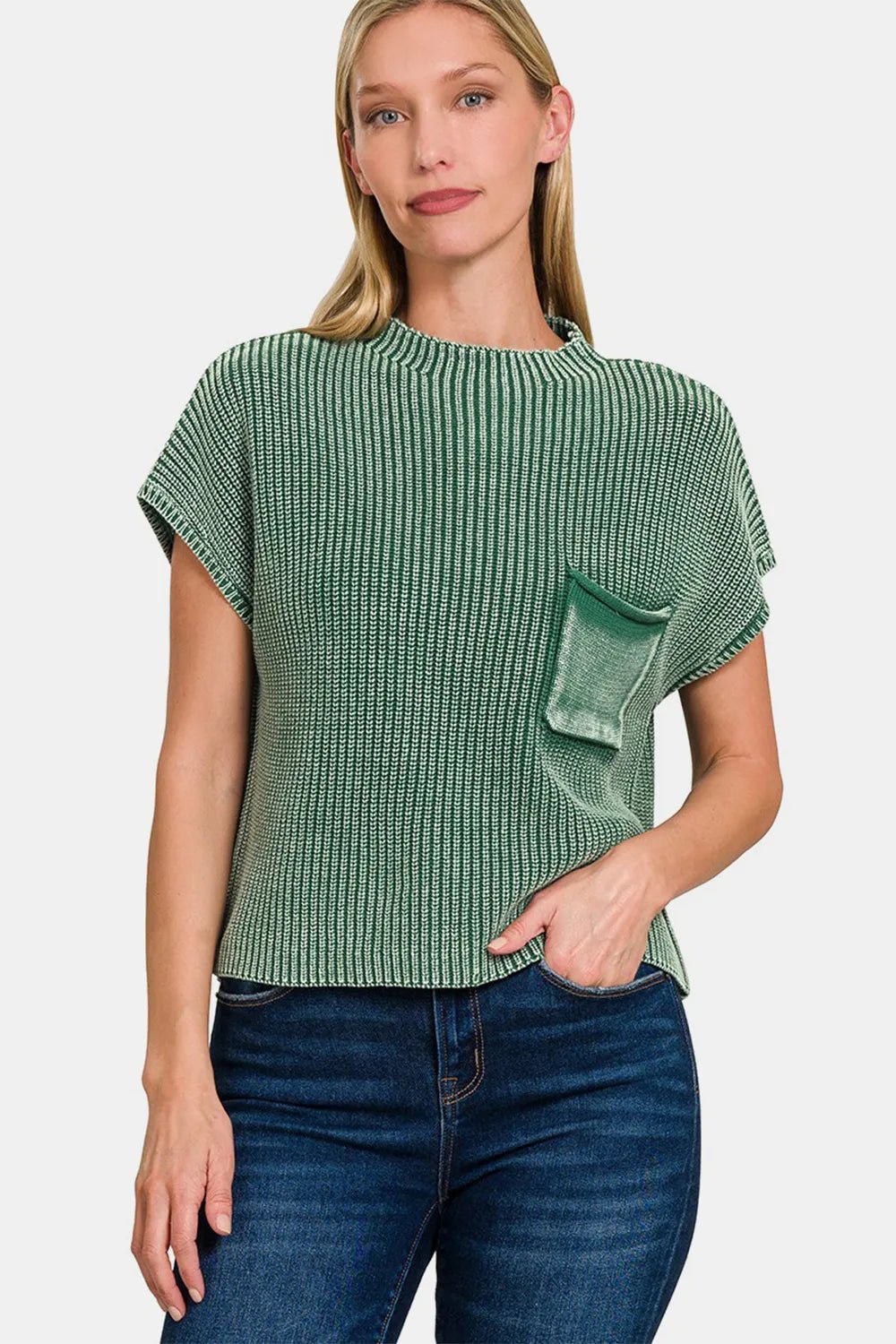 Zenana Washed Mock Neck Short Sleeve Cropped Sweater - PBNJ FASHIONS