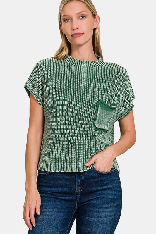 Zenana Washed Mock Neck Short Sleeve Cropped Sweater - PBNJ FASHIONS