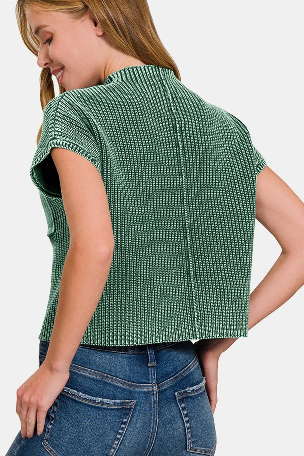 Zenana Washed Mock Neck Short Sleeve Cropped Sweater - PBNJ FASHIONS
