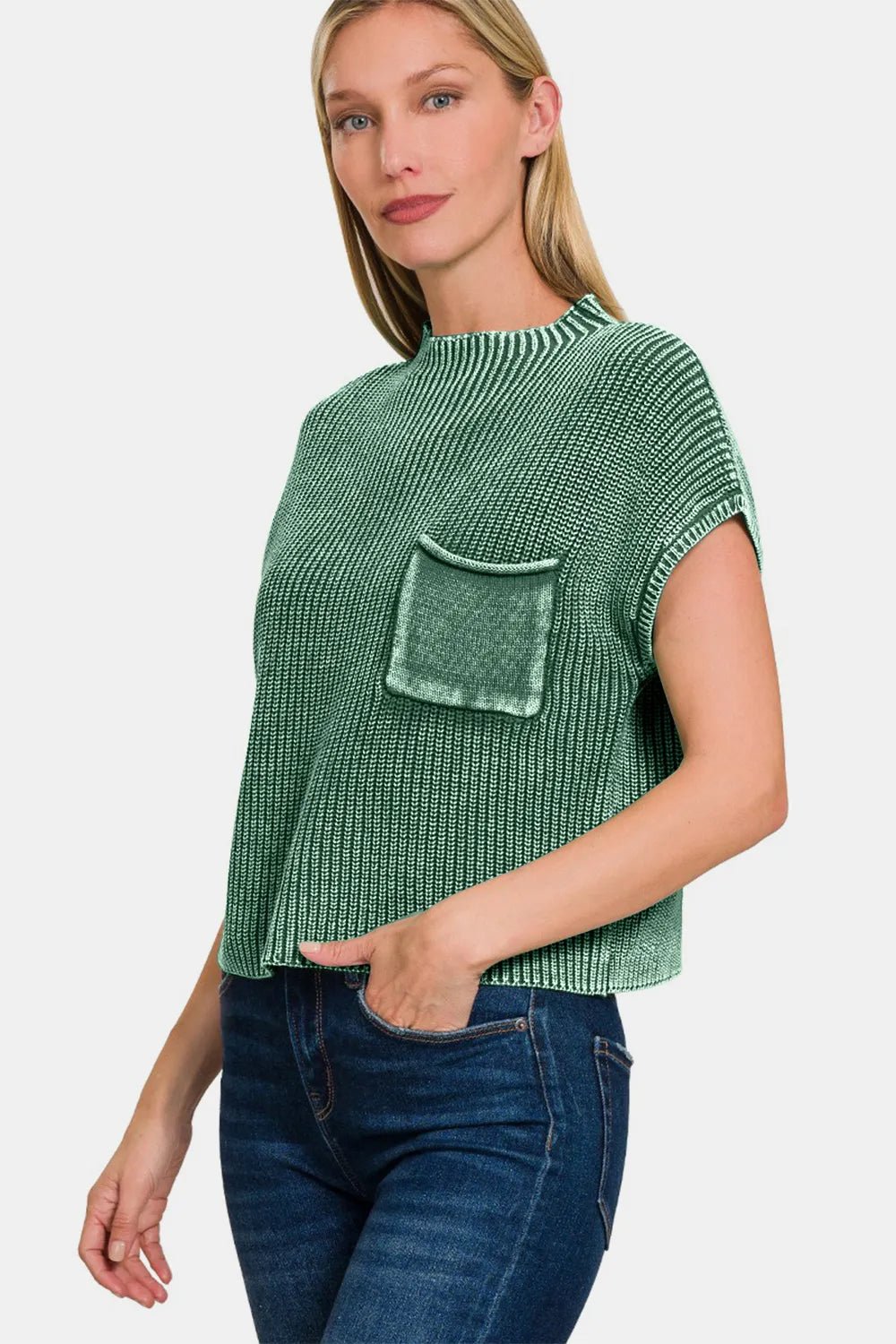Zenana Washed Mock Neck Short Sleeve Cropped Sweater - PBNJ FASHIONS